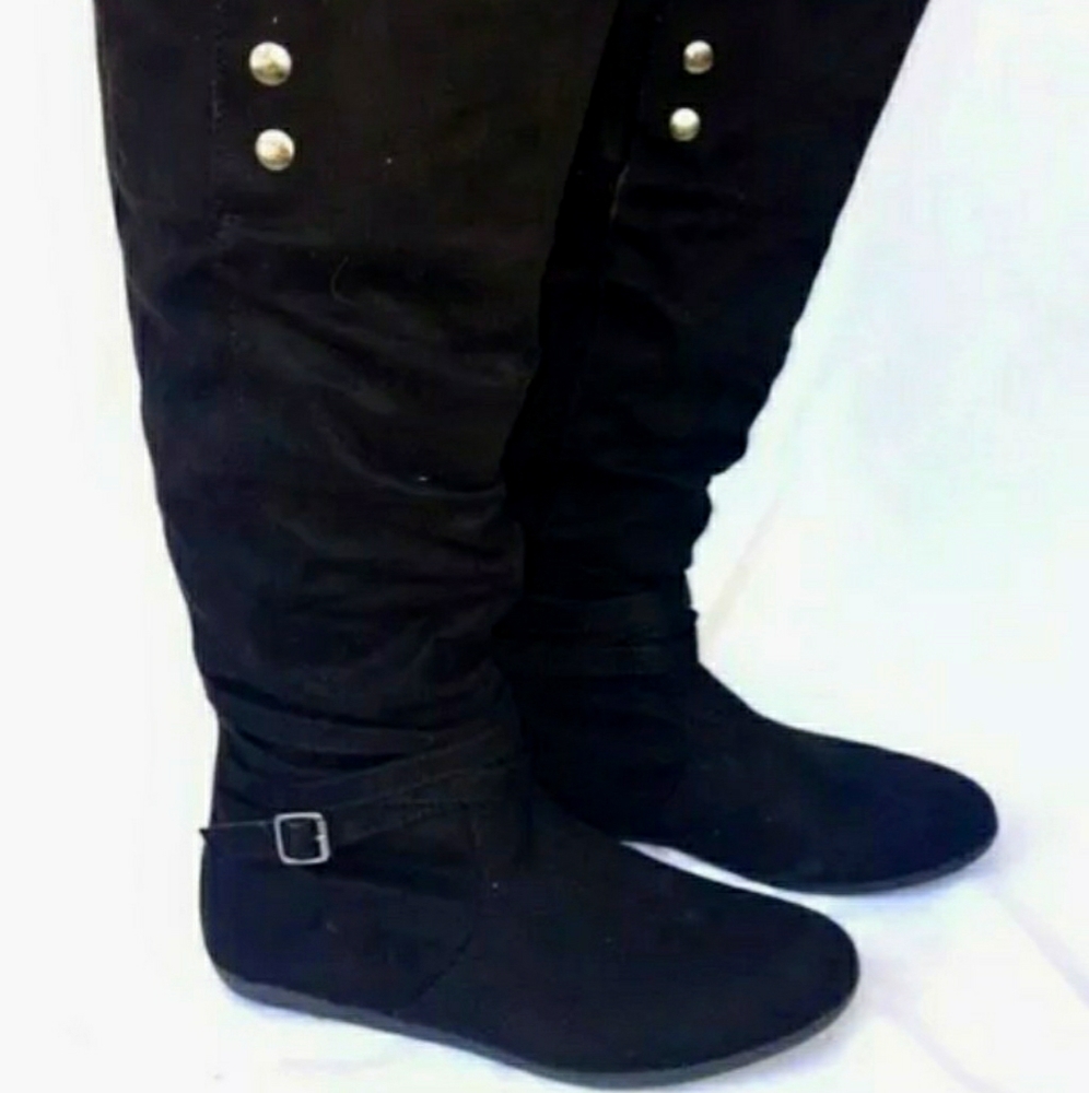 Black Faux Suede knee high flat slouch boots